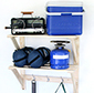 Contents:- 2 x boxes = 8 x slats (shelf), 4 x wall brackets (support).<br/>
The shelf on top has 4 x shelf slats, the shelf on the bottom has 3 x shelf slats.
Both the 3 and 4 slat shelves comply with European Standards of approval.<br/>
Design idea:- Buy 4 x clothes hooks to hang camping accessories.