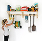 Contents:- 2 x boxes = 8 x slats (shelves), 3 x wall brackets (support) + 1 x spare wall bracket.<br/>
Both shelves have 3 x shelf slats which comply with European Standards of approval.<br/>
Design idea:- Buy any screw-in hooks or clothes hooks to neatly hang garden equipment.